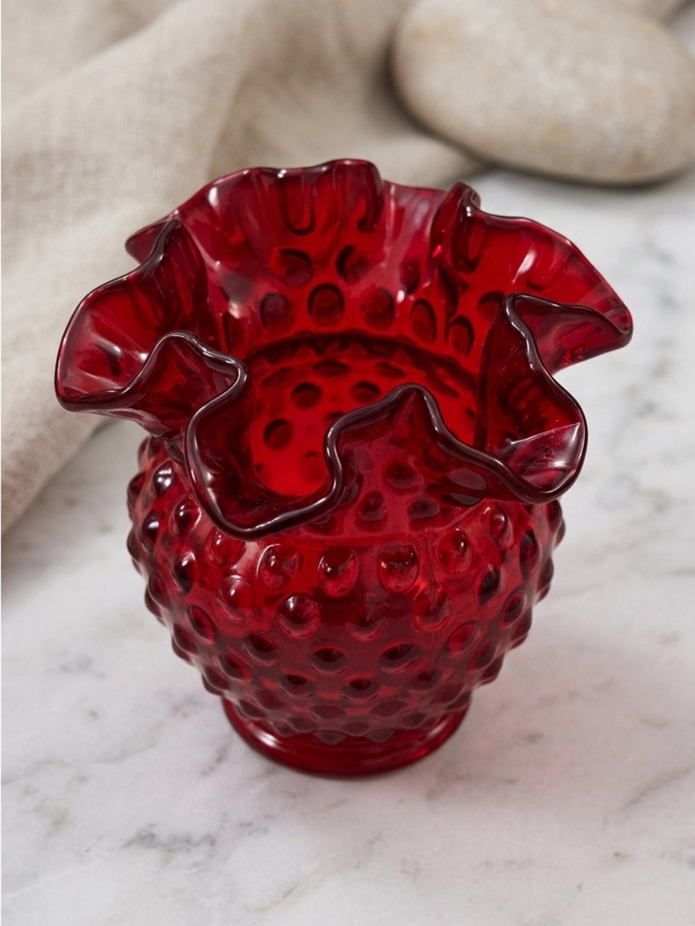 Red Hobnail Glass Ruffled Vase - Classic Home Accent